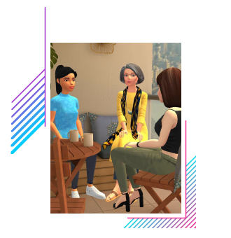 3D simulation of three women talking at a café table