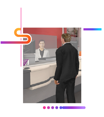 3D simulation of a customer at a bank counter