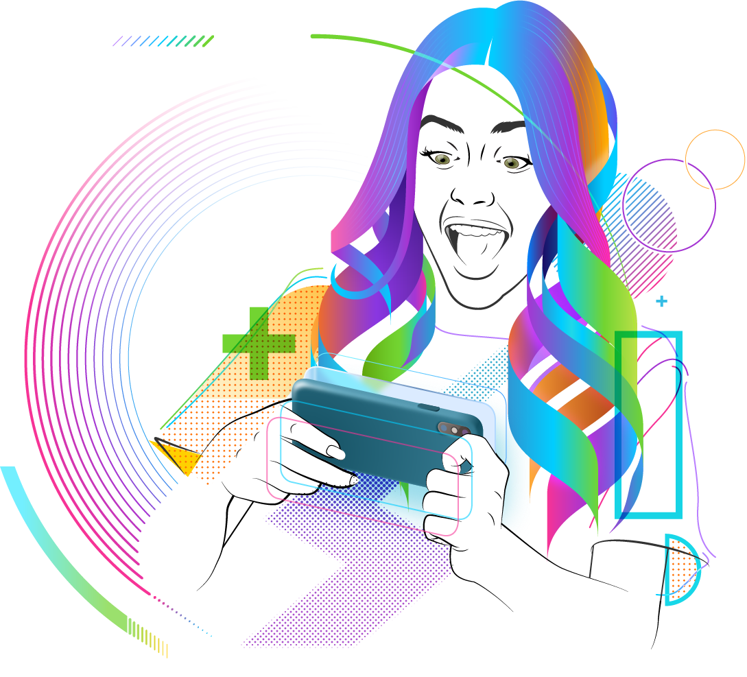 Illustration of an excited player playing a game on a phone