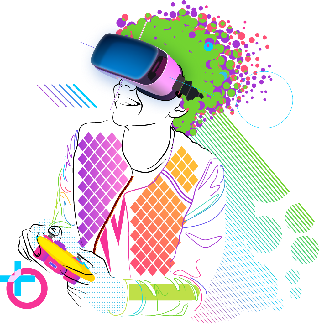 Illustration of a player using a VR headset and game controller