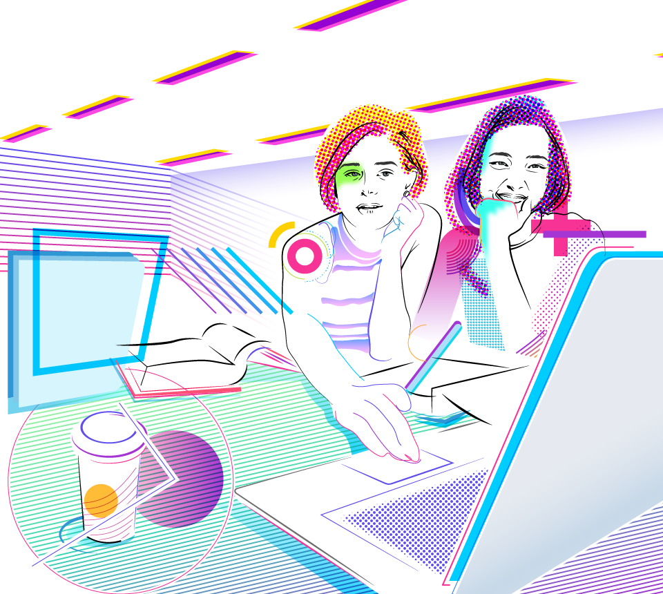 Illustration of two colleagues using a learning platform on a laptop